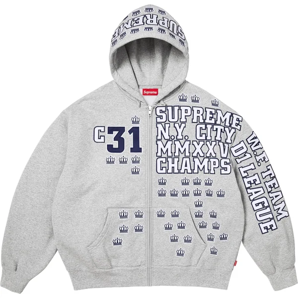 Supreme League Champs Zip Up Hooded Sweatshirt - Heather Grey (front)