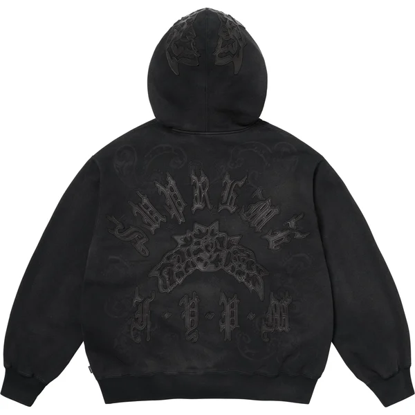 Supreme Leather Appliqué Zip Up Hooded Sweatshirt - Black (front)