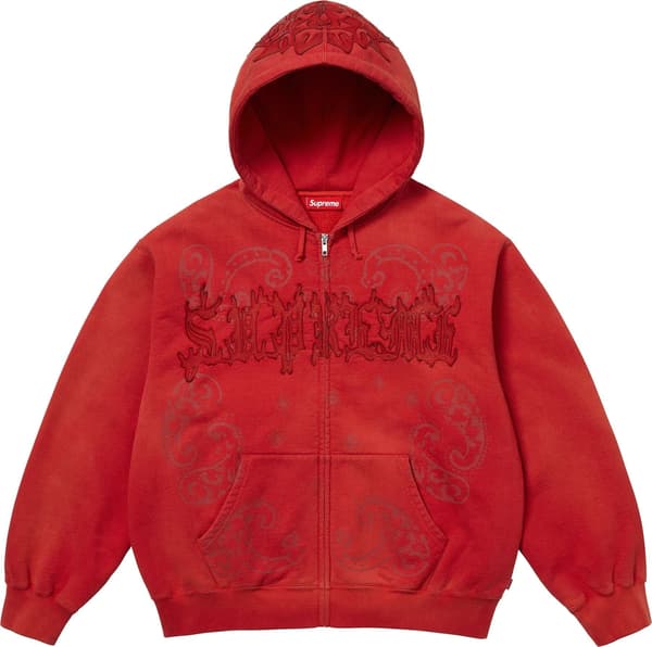 Supreme Leather Appliqué Zip Up Hooded Sweatshirt - Burnt Red (front)