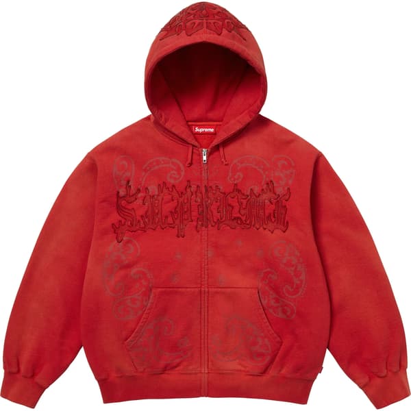 Supreme Leather Appliqué Zip Up Hooded Sweatshirt - Burnt Red (front)