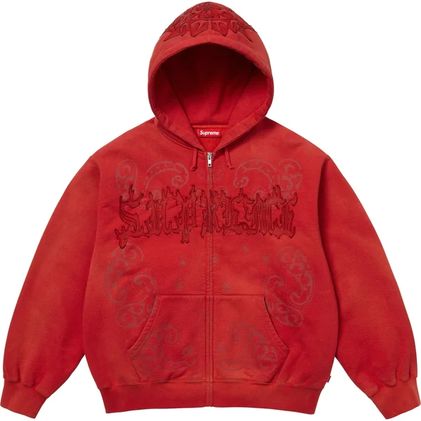 Supreme Leather Appliqué Zip Up Hooded Sweatshirt - Burnt Red (front)