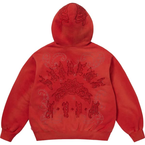 Supreme Leather Appliqué Zip Up Hooded Sweatshirt - Burnt Red (front)
