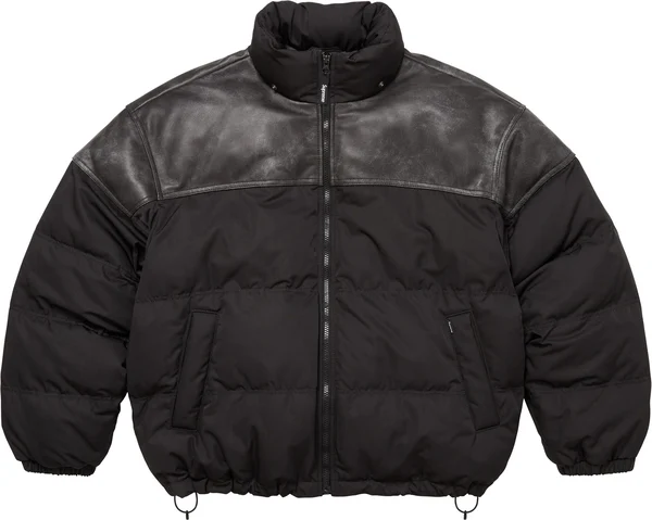 Supreme Leather Yoke Puffer Jacket - Black (front)