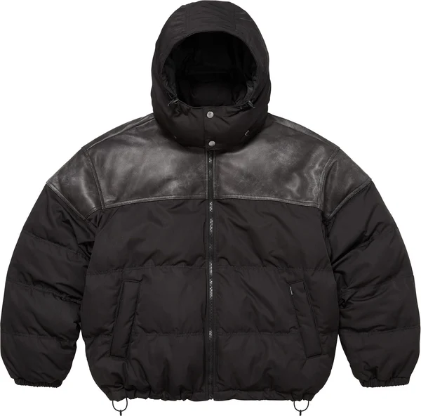 Supreme Leather Yoke Puffer Jacket - Black (front)