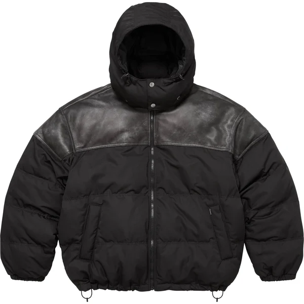 Supreme Leather Yoke Puffer Jacket - Black (front)