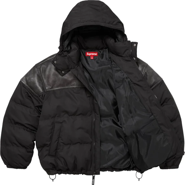 Supreme Leather Yoke Puffer Jacket - Black (front)