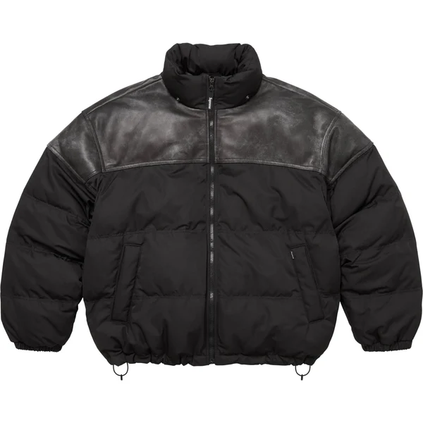 Supreme Leather Yoke Puffer Jacket - Black (front)