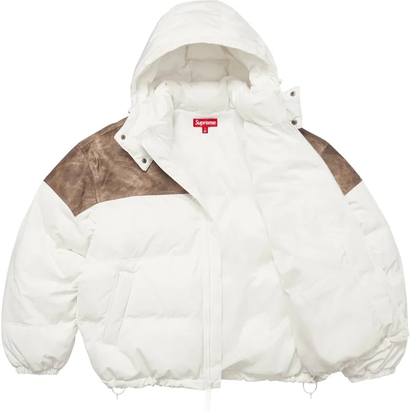 Supreme Leather Yoke Puffer Jacket - White (front)