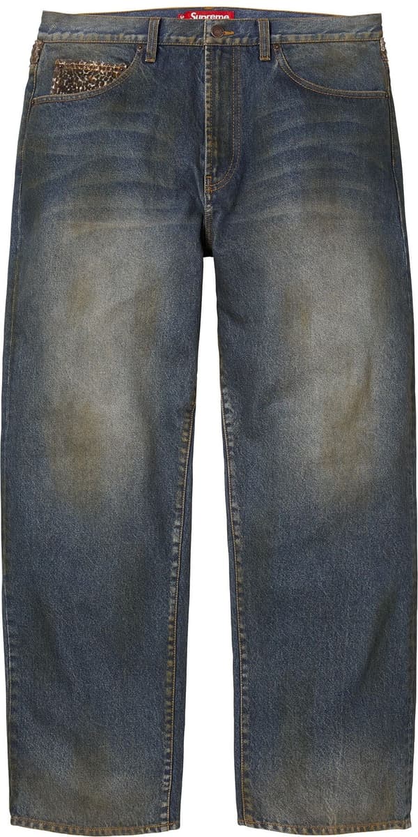 Supreme Leopard Faux Fur Loose Fit Jean - Washed Indigo (front)