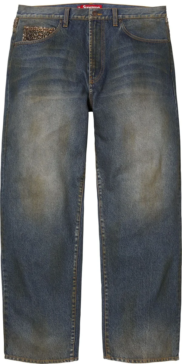Supreme Leopard Faux Fur Loose Fit Jean - Washed Indigo (front)