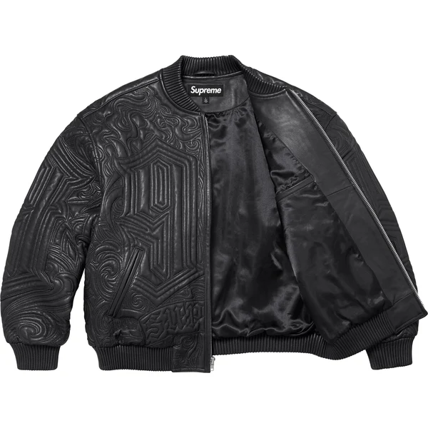 Supreme Mister Cartoon Embroidered Leather Jacket - Black (front)