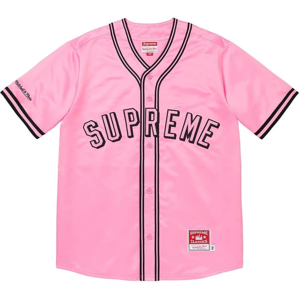 Supreme Mitchell &amp; Ness Satin Baseball Jersey - Pink (front)