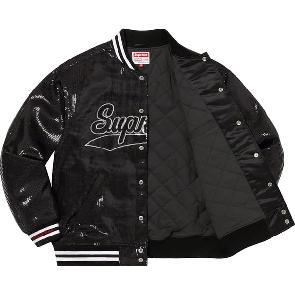 Supreme Mitchell &amp; Ness Sequin Varsity Jacket - Black (front)