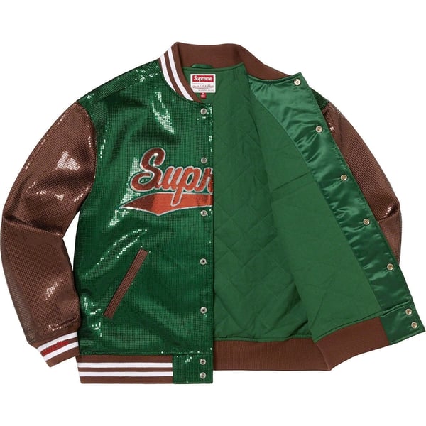 Supreme Mitchell &amp; Ness Sequin Varsity Jacket - Green (front)