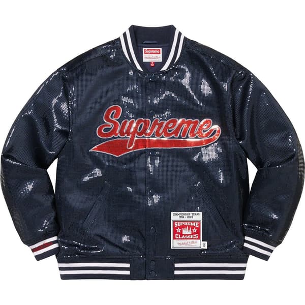 Supreme Mitchell & Ness Sequin Varsity Jacket - Navy (front)