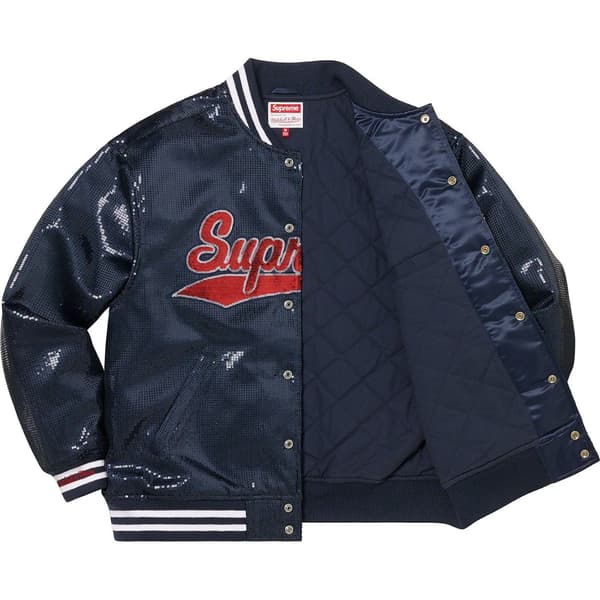 Supreme Mitchell & Ness Sequin Varsity Jacket - Navy (front)