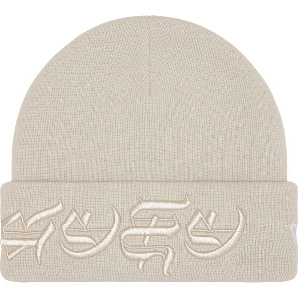 Supreme New Era Blackletter Beanie - Stone (front)