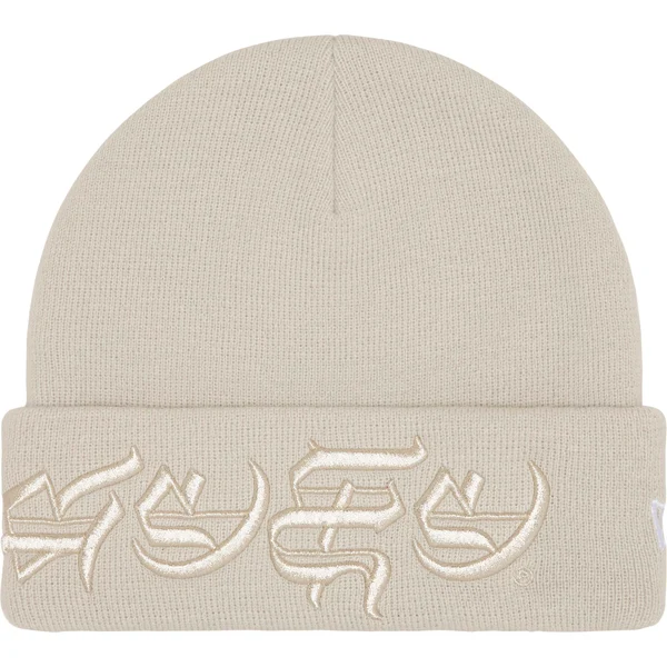Supreme New Era Blackletter Beanie - Stone (front)