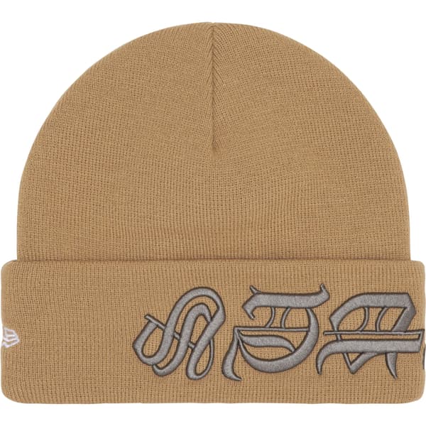 Supreme New Era Blackletter Beanie - Tan (front)