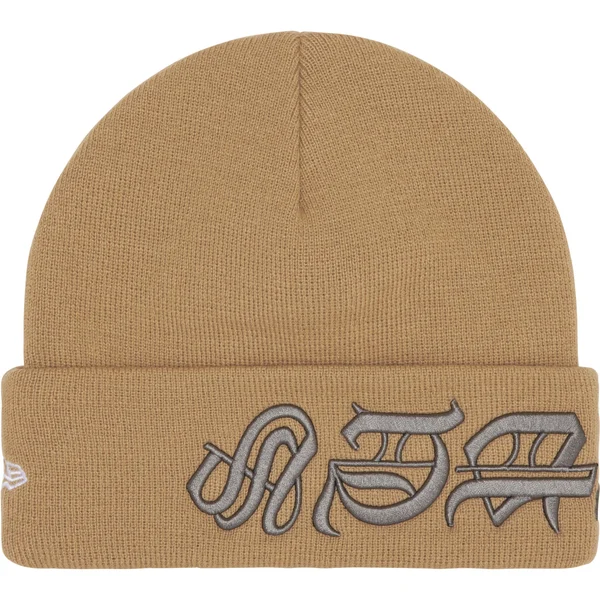 Supreme New Era Blackletter Beanie - Tan (front)