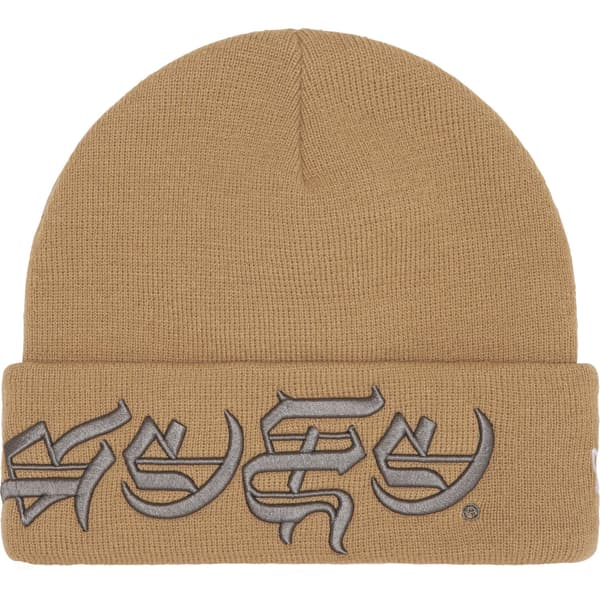 Supreme New Era Blackletter Beanie - Tan (front)