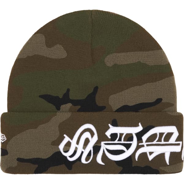 Supreme New Era Blackletter Beanie - Woodland Camo (front)
