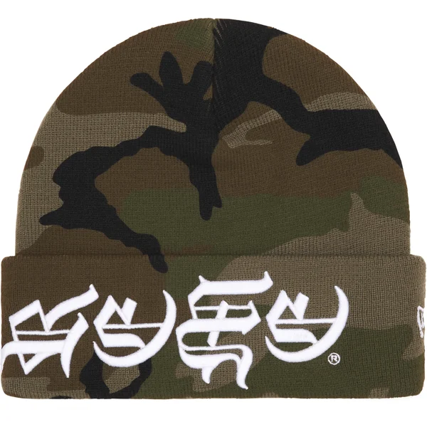 Supreme New Era Blackletter Beanie - Woodland Camo (front)