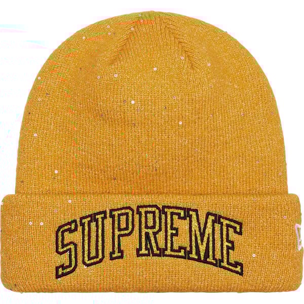 Supreme New Era Metallic Arc Beanie - Gold (front)