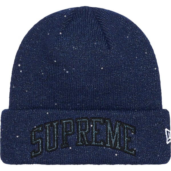 Supreme New Era Metallic Arc Beanie - Navy (front)