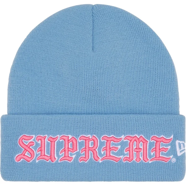 Supreme New Era Old English Beanie - Light Blue (front)