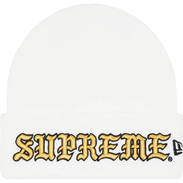 Supreme New Era Old English Beanie - White (front)