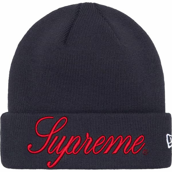 Supreme New Era Script Beanie - Navy (front)