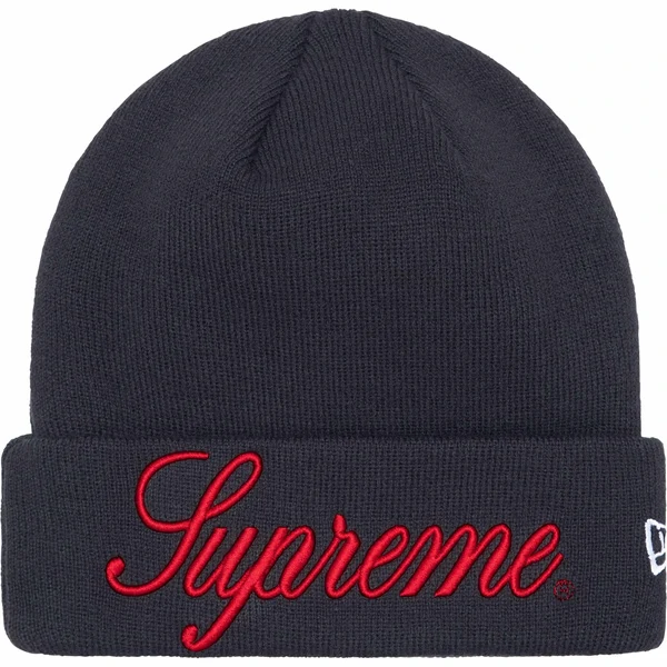 Supreme New Era Script Beanie - Navy (front)