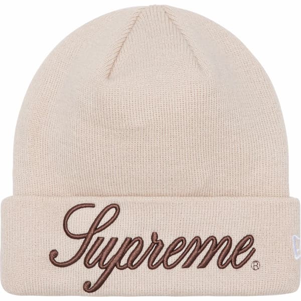 Supreme New Era Script Beanie - Stone (front)