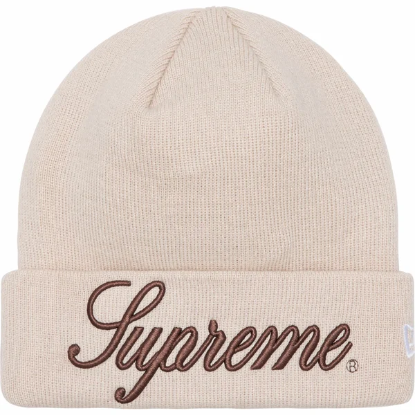 Supreme New Era Script Beanie - Stone (front)