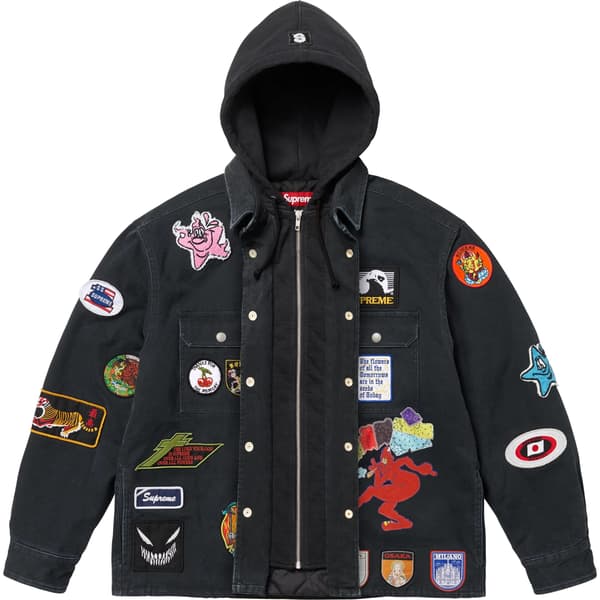 Supreme Patches Hooded Zip Up Shirt - Black (front)