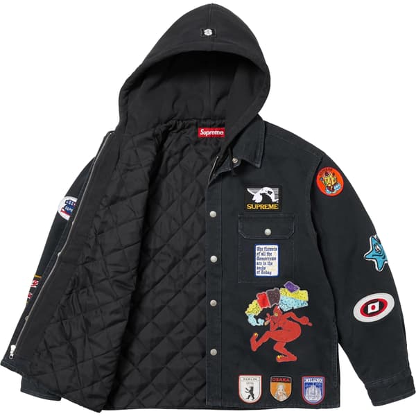 Supreme Patches Hooded Zip Up Shirt - Black (front)