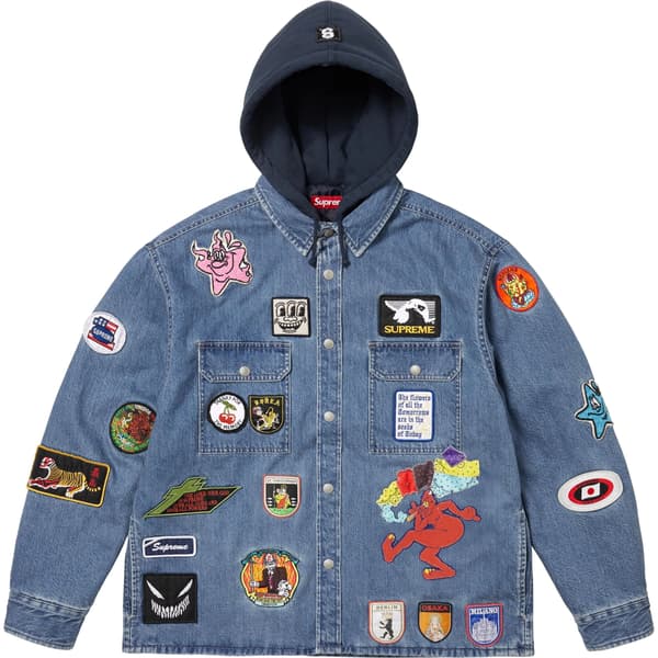 Supreme Patches Hooded Zip Up Shirt - Denim (front)