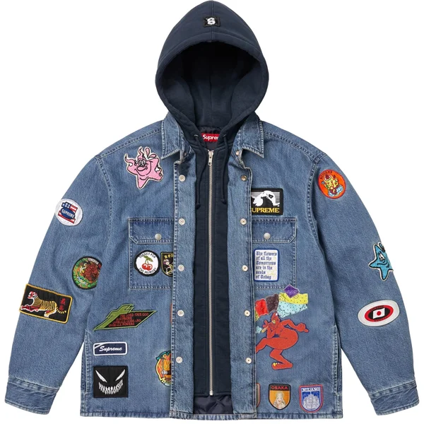Supreme Patches Hooded Zip Up Shirt - Denim (front)