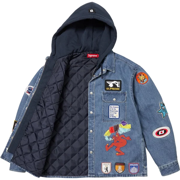 Supreme Patches Hooded Zip Up Shirt - Denim (front)