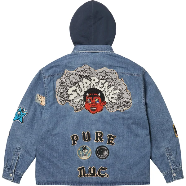 Supreme Patches Hooded Zip Up Shirt - Denim (front)