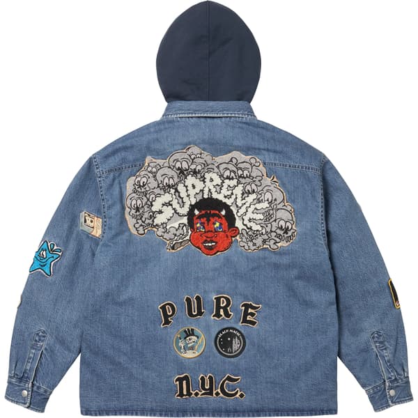 Supreme Patches Hooded Zip Up Shirt - Denim (front)