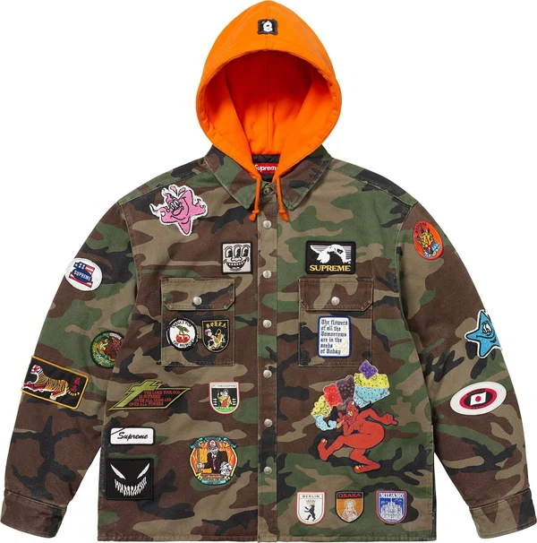 Supreme Patches Hooded Zip Up Shirt - Woodland Camo (front)