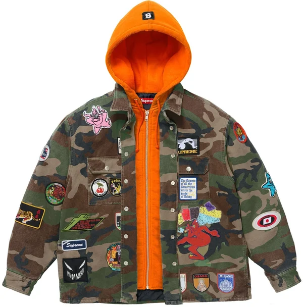 Supreme Patches Hooded Zip Up Shirt - Woodland Camo (front)
