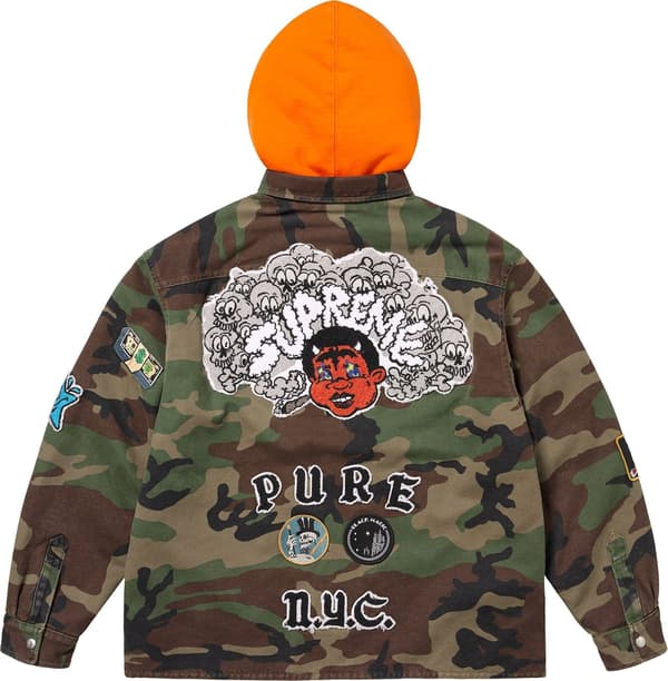 Supreme Patches Hooded Zip Up Shirt - Woodland Camo (front)