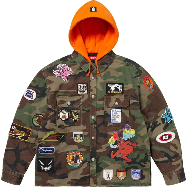 Supreme Patches Hooded Zip Up Shirt - Woodland Camo (front)