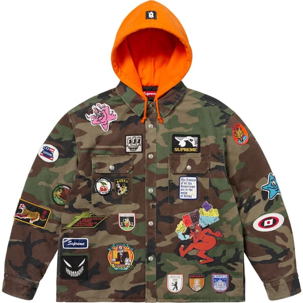 Supreme Patches Hooded Zip Up Shirt - Woodland Camo (front)