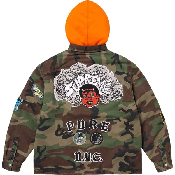 Supreme Patches Hooded Zip Up Shirt - Woodland Camo (front)