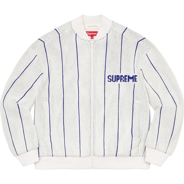 Supreme Pinstripe Varsity Zip Up Sweater - White (front)