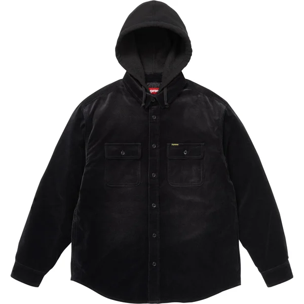 Supreme Quilted Lined Hooded Velvet Shirt - Black (front)